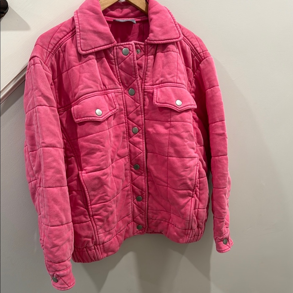 Vibrant Pink Quilted Puffer Coat with Prominent Collar